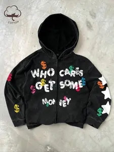Men's & women's versions of the Douyin hit 'Who cares? Let's make money' T-shirt with a USD zipper hoodie featuring a vintage, water-washed cotton-blend fabric. A must-have for street fashion, Streetwear, suitable for casual and avant-garde styles