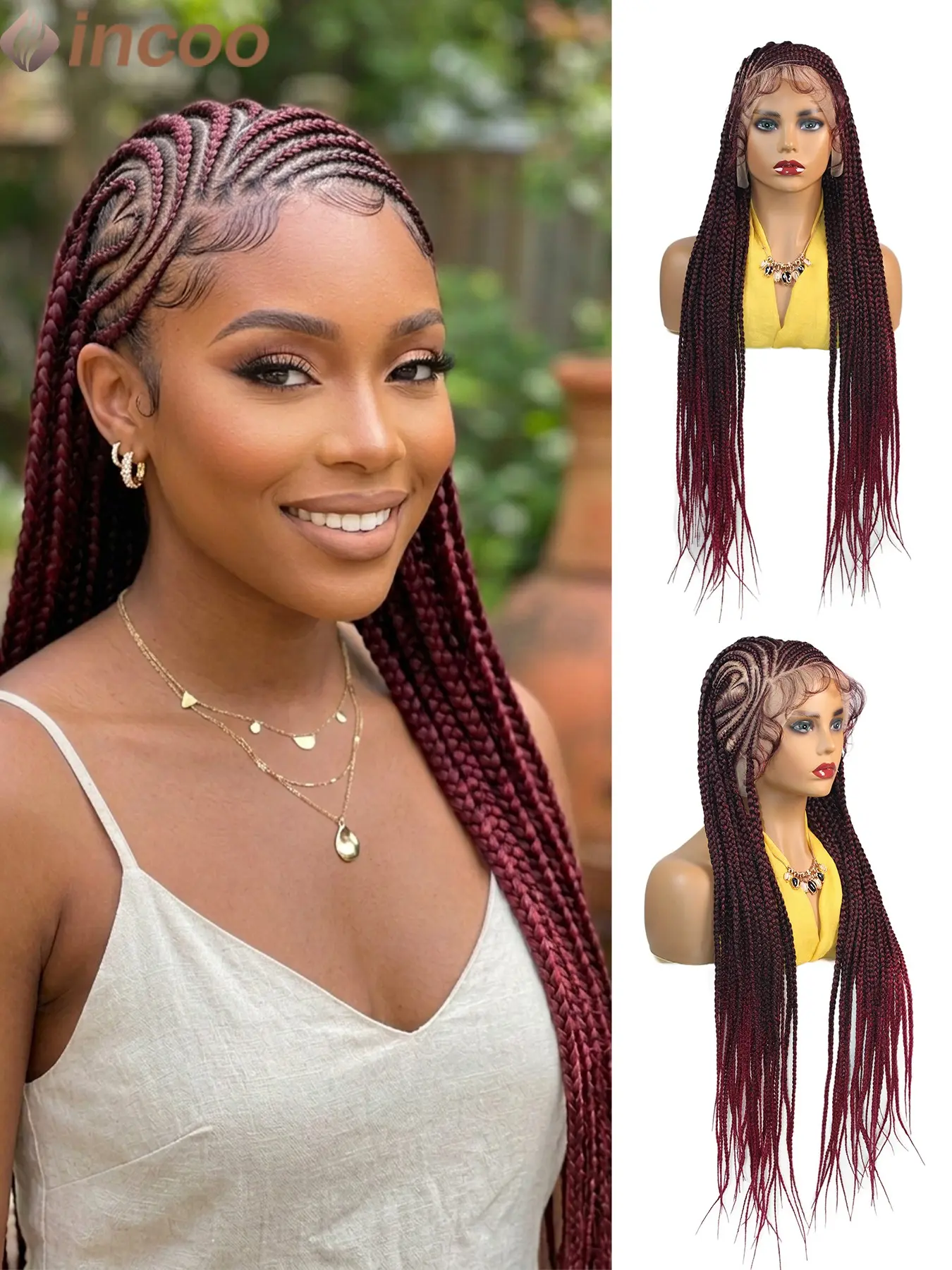 36 Inches Box Braids Wig,Goddess Braids Synthetic Full Lace Wig,Fulani Knotless Braids,Cornrow Braids for Black Women,Handmade Braids Wig,Boho Braids,Bohemian Braided Wig,Side Part Color 1B/Burgundy Braided Wigs,Braided Hair Wigs