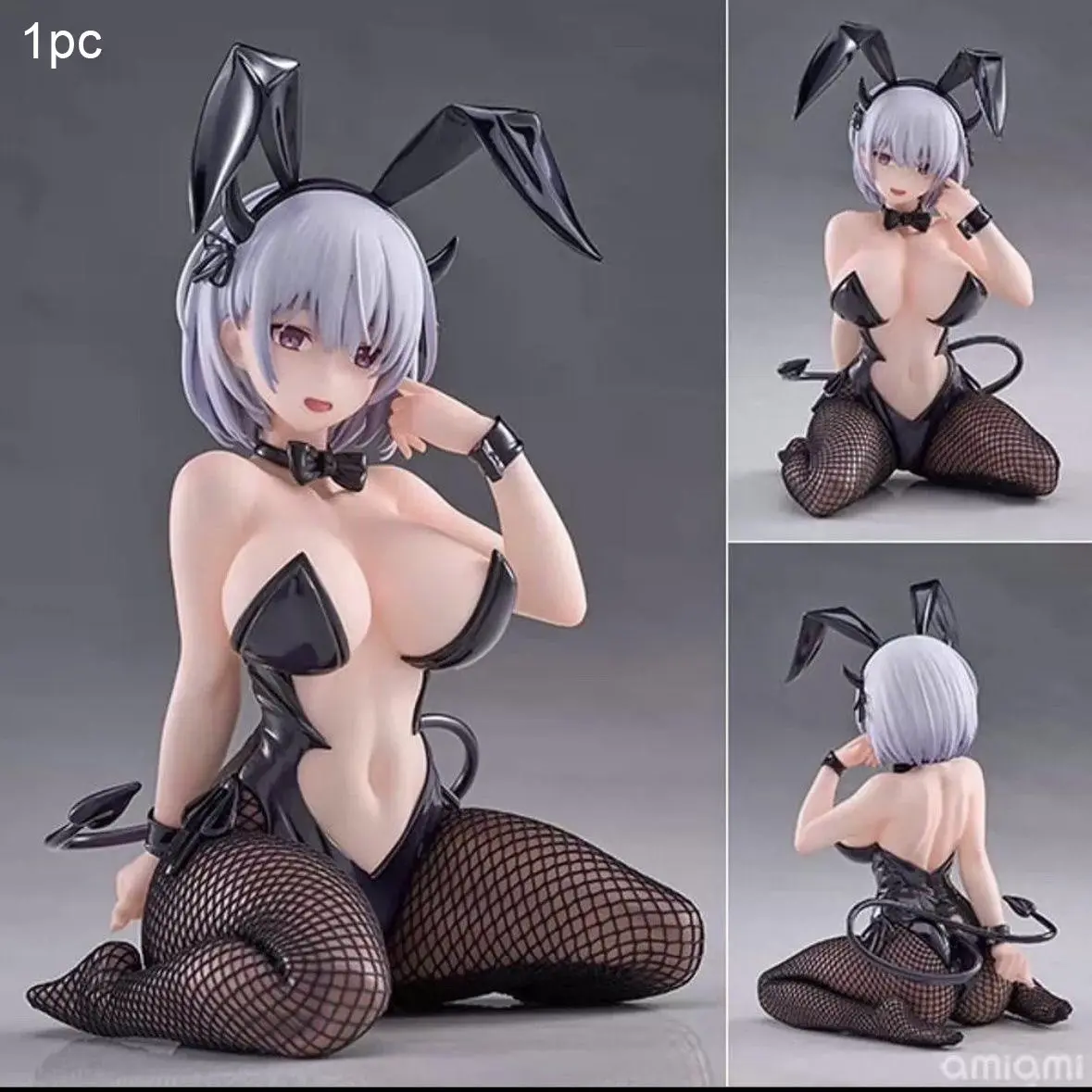 Lume Bunny Girl Kneeling Figure, 15cm Tall, Gradient Silver Hair, Net Socks, Leather Ears, Plush Base, Desktop Anime Decor, Desktop Decor Figures