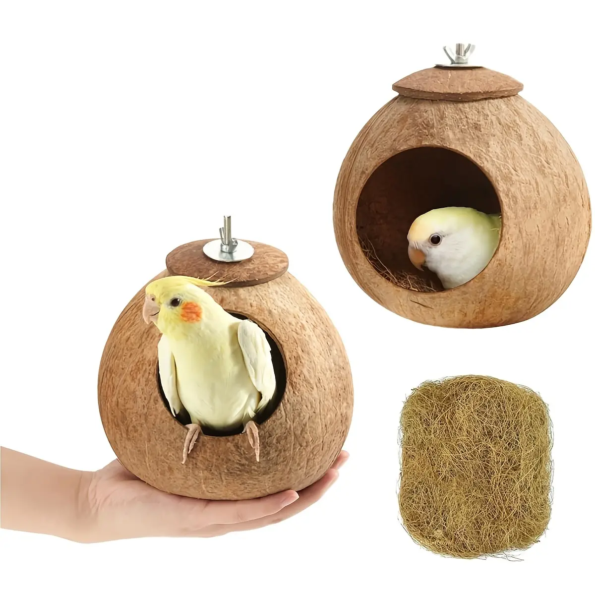 2 Natural Coconut Shell Cage Nests, Bird Supplies with Coconut Fibers, Parrot Accessories Breeding Aid for Long-Tailed Parrots, Suitable for Hamsters