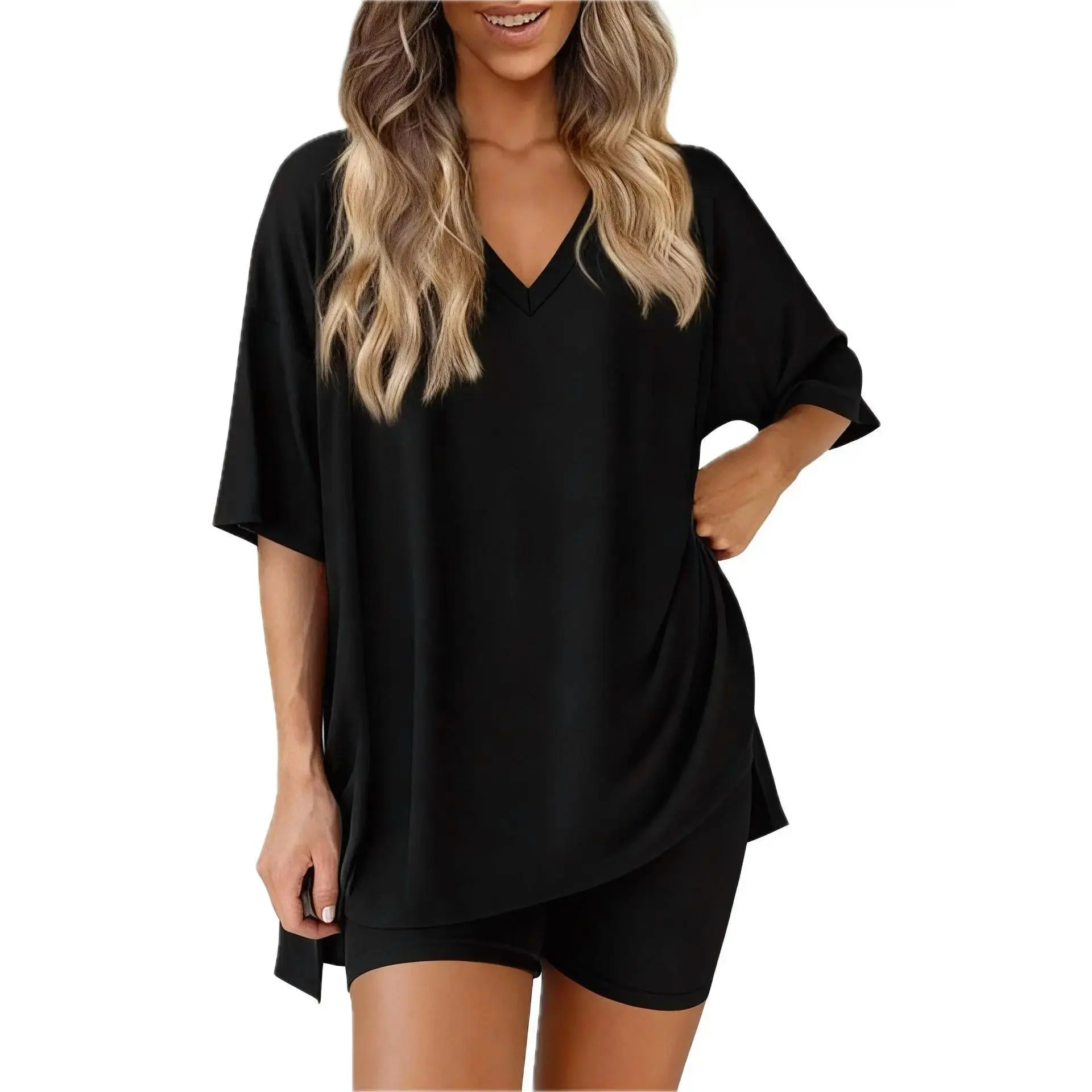 Comfort Women Matching Set V Neck Oversized Tee and Stretch Biker Shorts, Soft Summer Active Lounge Wear for Travel & Daily Life