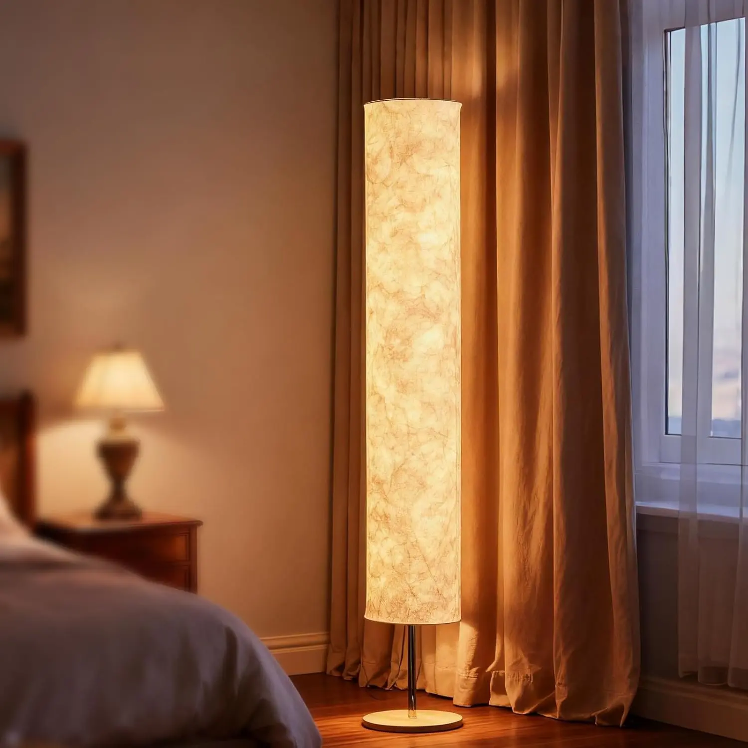 58" Soft Light Floor Lamp 3 Color Lighting Remote Control LED Lamp with Tyvek Fabric Shade Column Paper Floor Lamp, Brightness Adjustable for Living Room Bedroom Game Room