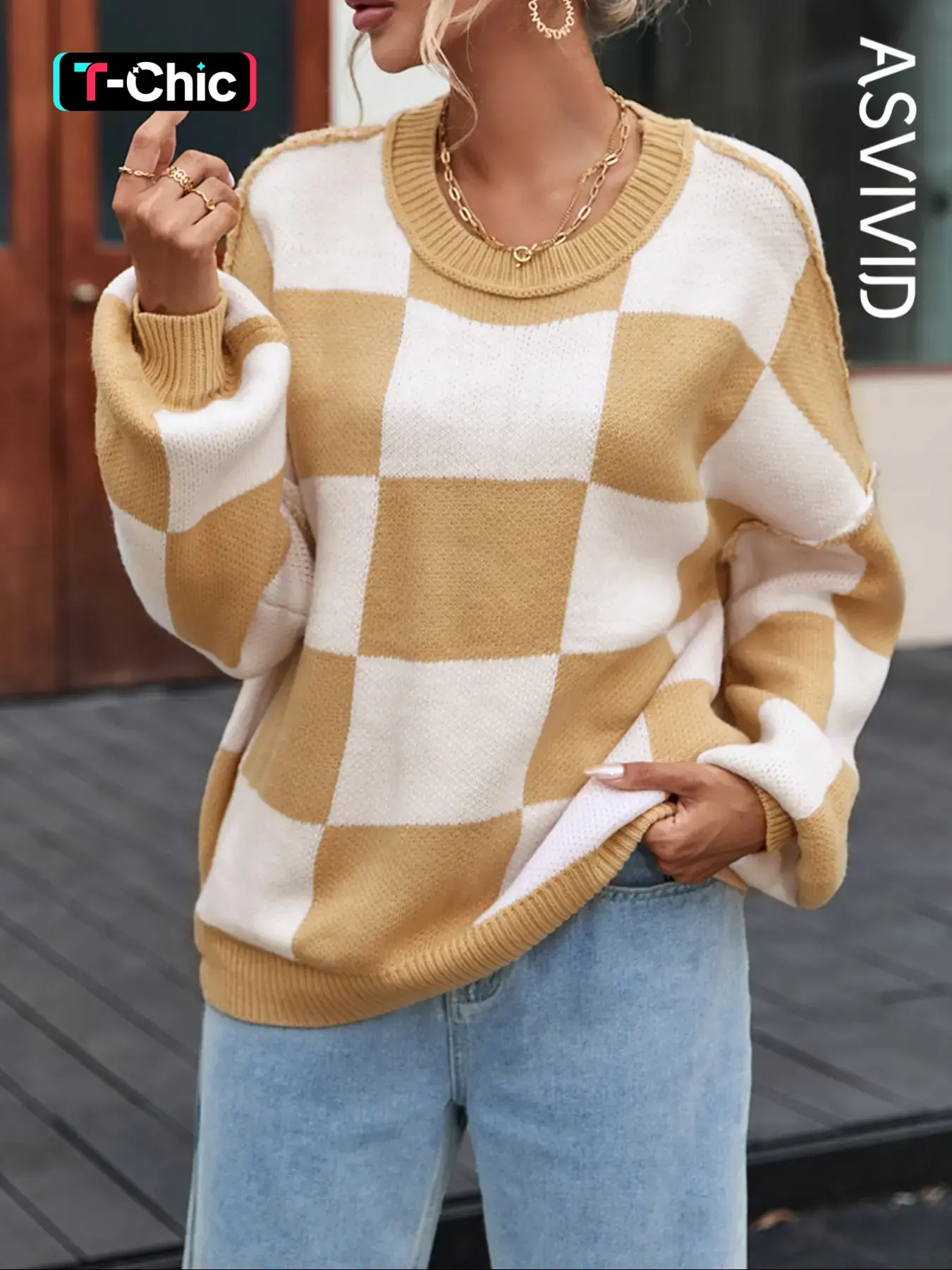 Women's Casual Round Neck Checkered Bishop Sleeve Long Sleeve Pullover Sweater, Spring & Fall Wear, Comfortable & Stylish