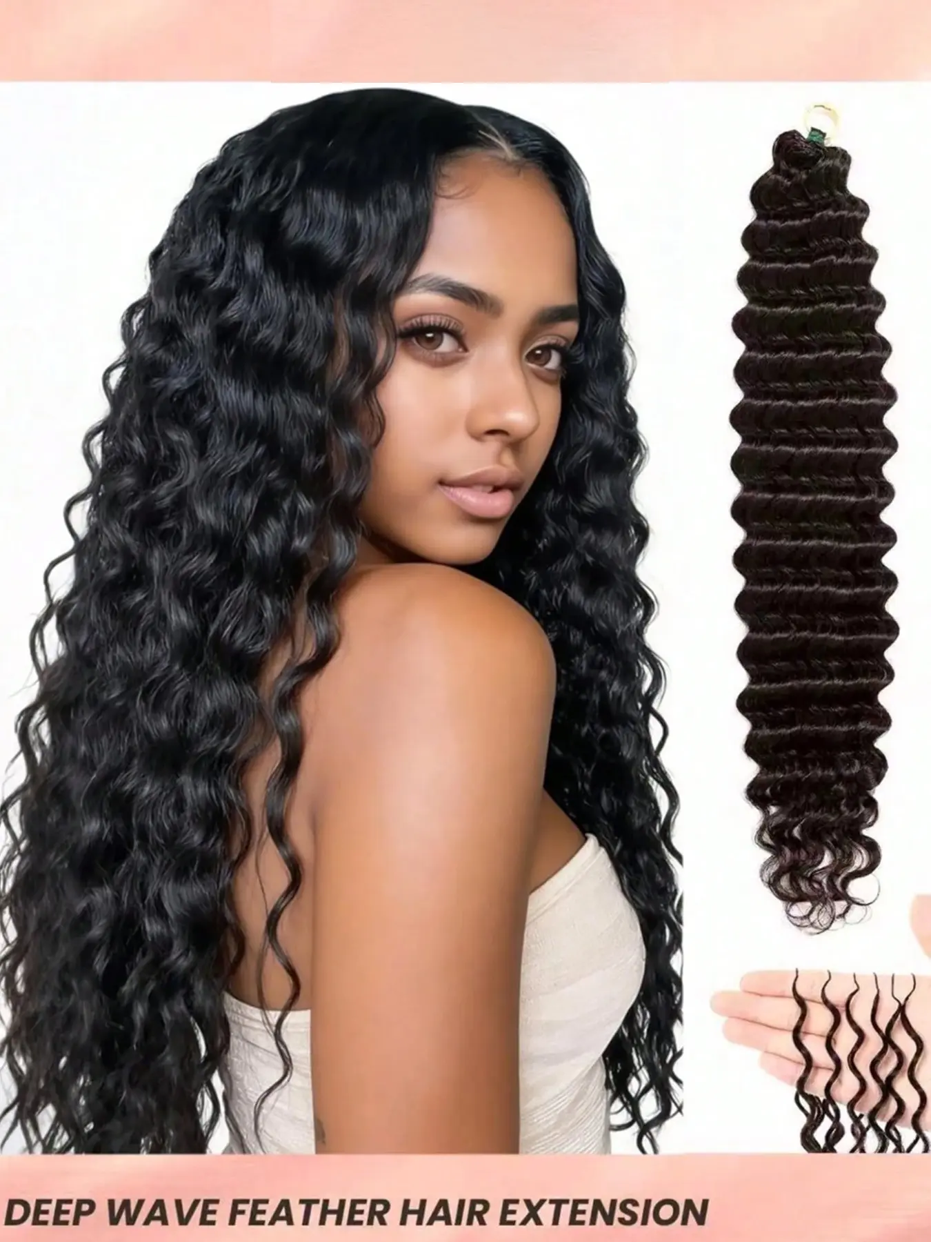 Feather Hooked Human Hair Deep Wave Extensions, Pre-Separated No-Knot Handmade Braiding Hair, Natural, Ideal for Braids and Ringlets