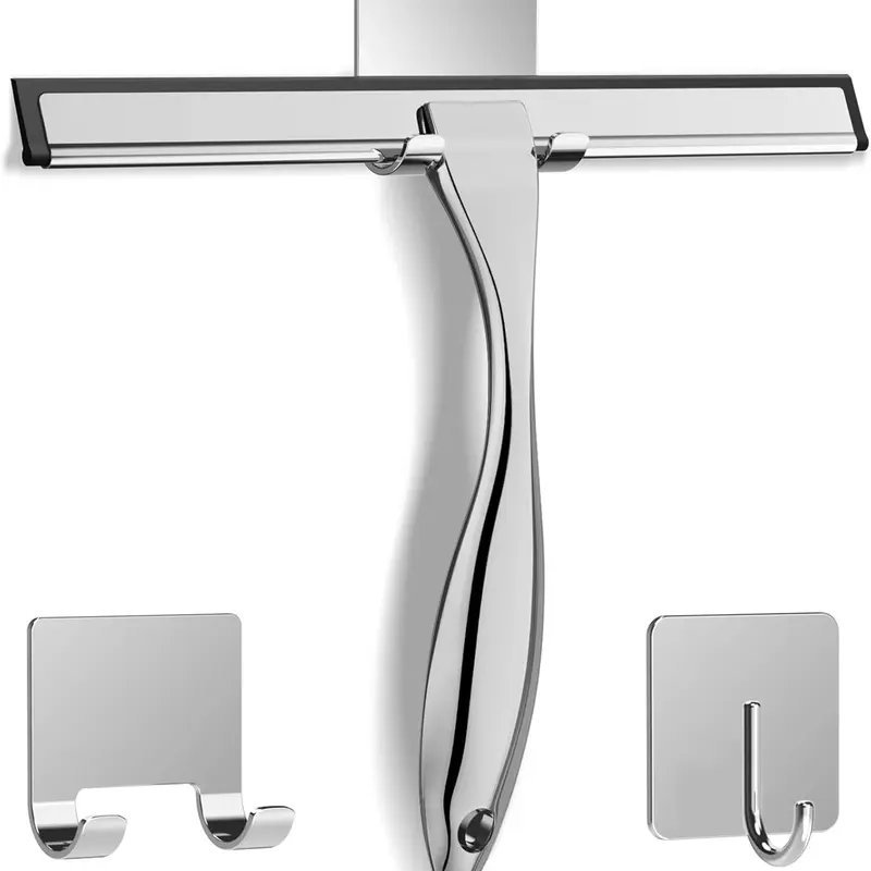 10-Inch Silver All-Purpose Stainless Steel Squeegee Cleaner - Removable Washable Silicone Blade, Smooth Streak-Free, Soap-Compatible, Comfortable Home Care Tool for Windows, Mirrors, 2 Adhesive Hooks for Easy Kitchen Storage