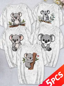 5Pcs Women Snow Wash Tee,Cute Koala Cartoon Print,multi-color,washable,soft summer top