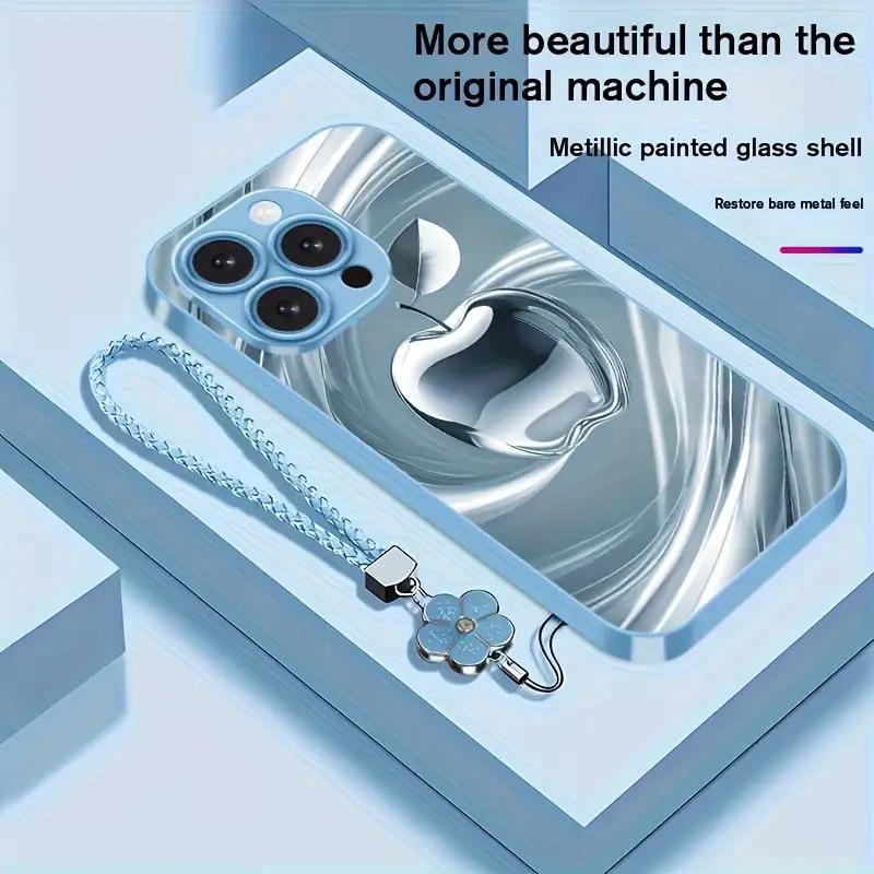 New Swirl Apple Series Metallic Paint Glass Phone Case with Lanyard for iPhone 17, 16, 15, 14, 13, 12, 11, and other series models; makes a perfect gift for friends or family.