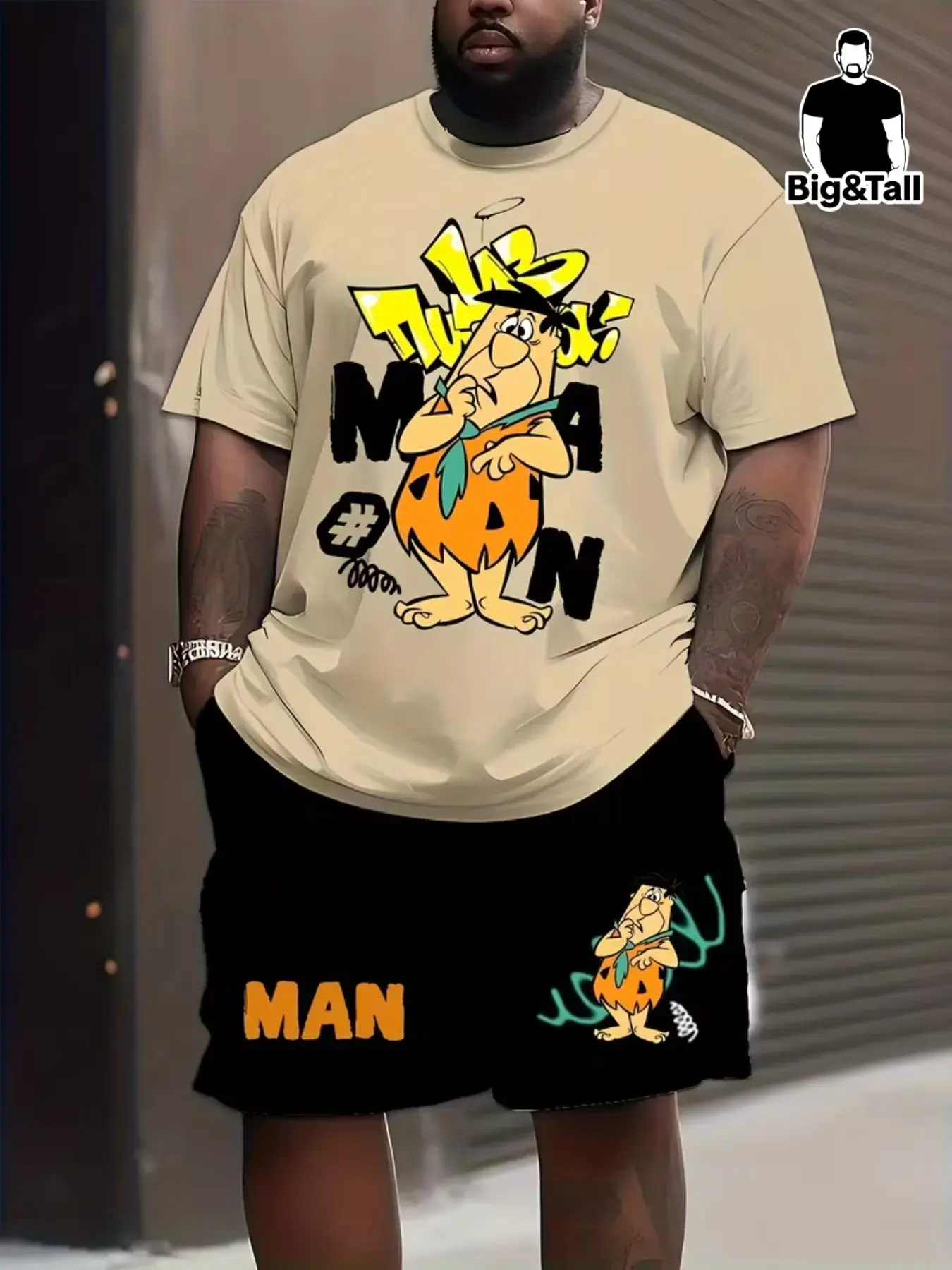 Big Size Cartoon Fashion Set, Casual Short Sleeve Tee & Track Shorts, Loose Fit Drop Waist for All Seasons Man