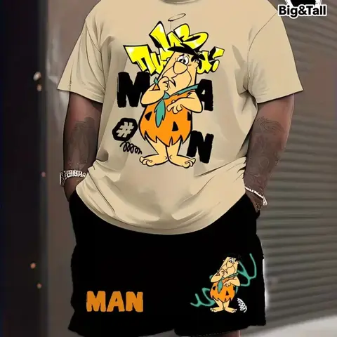 Men's Plus Size Cartoon Fashion Set, Top Shorts Set, Casual Short Sleeve Tee and Track Shorts, Loose Fit for All Seasons