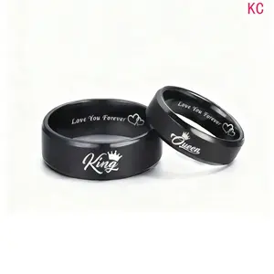 King Queen Heart Pattern Titanium Steel Couple Rings, Engraved Love You Forever Matching Bands For Men And Women Daily Wear Jewelry
