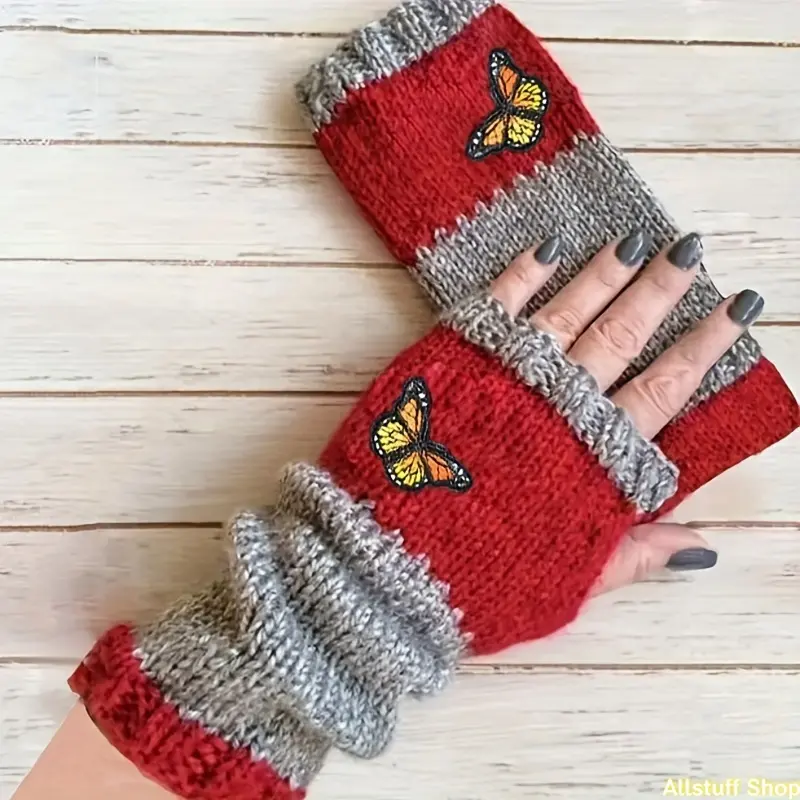 New European and American Style Cross-Border Wish Spliced Half-Finger Butterfly Fashion Thermal Gloves for Women