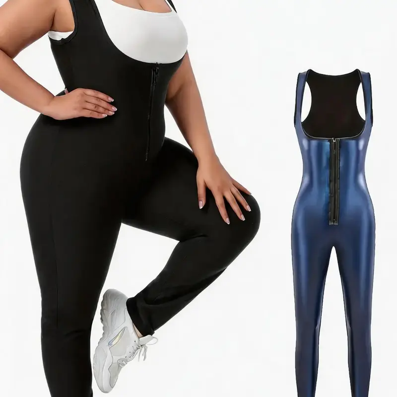 Women's Plus Size Full Body Sauna Jumpsuit 2026 New Arrival Silver Heat Retention Lining Tummy Control Butt Lifting Front Zipper Stretchy Workout Activewear for Daily Gym Yoga Fit Jumpsuits Stretchy Sports Jumpsuit Sportswear Jumpsuit