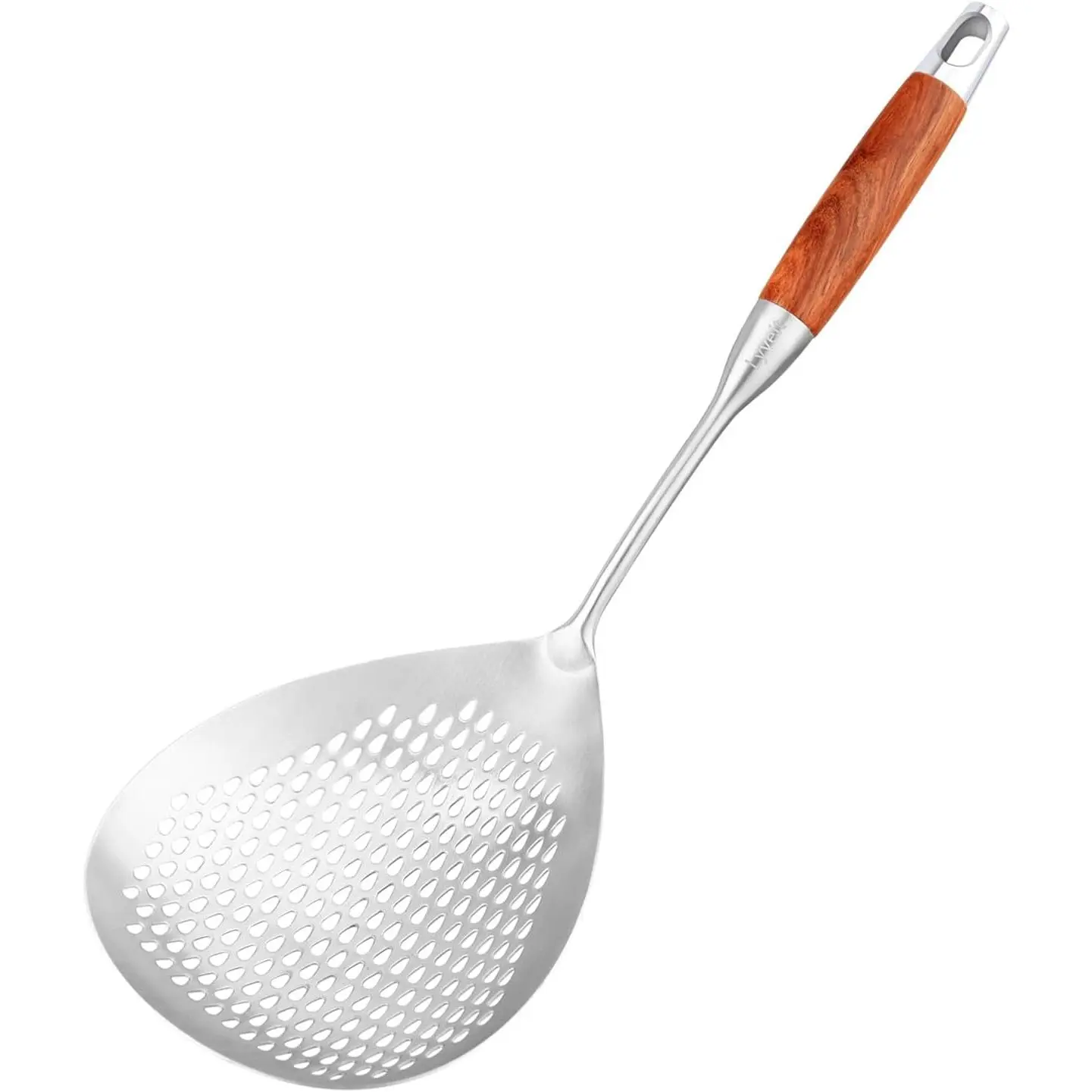 Large Slotted Spoon with Long Wooden Handle -  16 Inch Deep Frying Scoop with  Holes, 304 Stainless Steel Fryer Skimmer Spoons for Kitchen Cooking Frying Draining