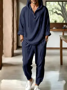 Men's Solid Color Linen Two-Piece Set, Hooded Half-Button Henley Long Sleeve Top, Elastic Waist Running Pants, Breathable Summer, Multiple Colors Available