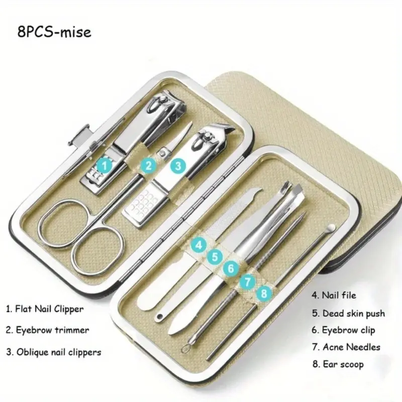 8 Pcs Stainless Steel Manicure Nail Clippers Pedicure Kit Portable Travel Hygiene Kit Clipper Scissors Tweezers Manicure Kit