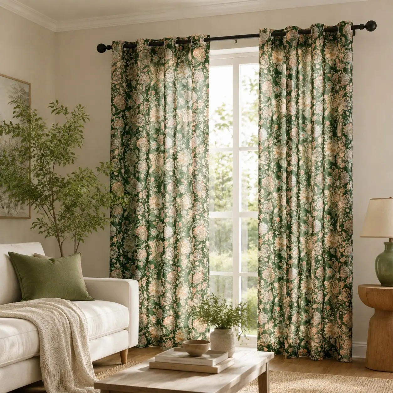 Emerald Curtains with Metal Rings, Two-Piece Semi-Sheer, Bohemian Farmhouse Style, Suitable for Bedroom and Living Room