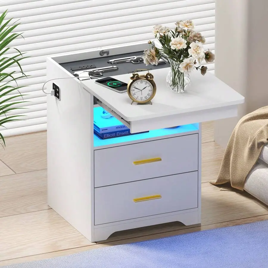 Lockable Drawer Smart Nightstand - 3-Color Dimmable LED End Table with Charging Station, Auto Sensor Light, USB-C Ports, 3 Drawers, Hidden Compartment, Adjustable, Mobile for Bedroom, Office