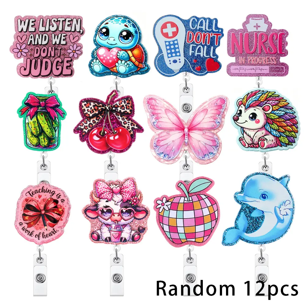 12pcs Funny Mix Silicone Badge Reels with Secure Clip, ID Holders for Nursing Professionals - Office Identification Supplies, Cute Workplace Essentials, Ideal Gift, Perfect Gift, Badge Accessories, Nurse Badge Reel