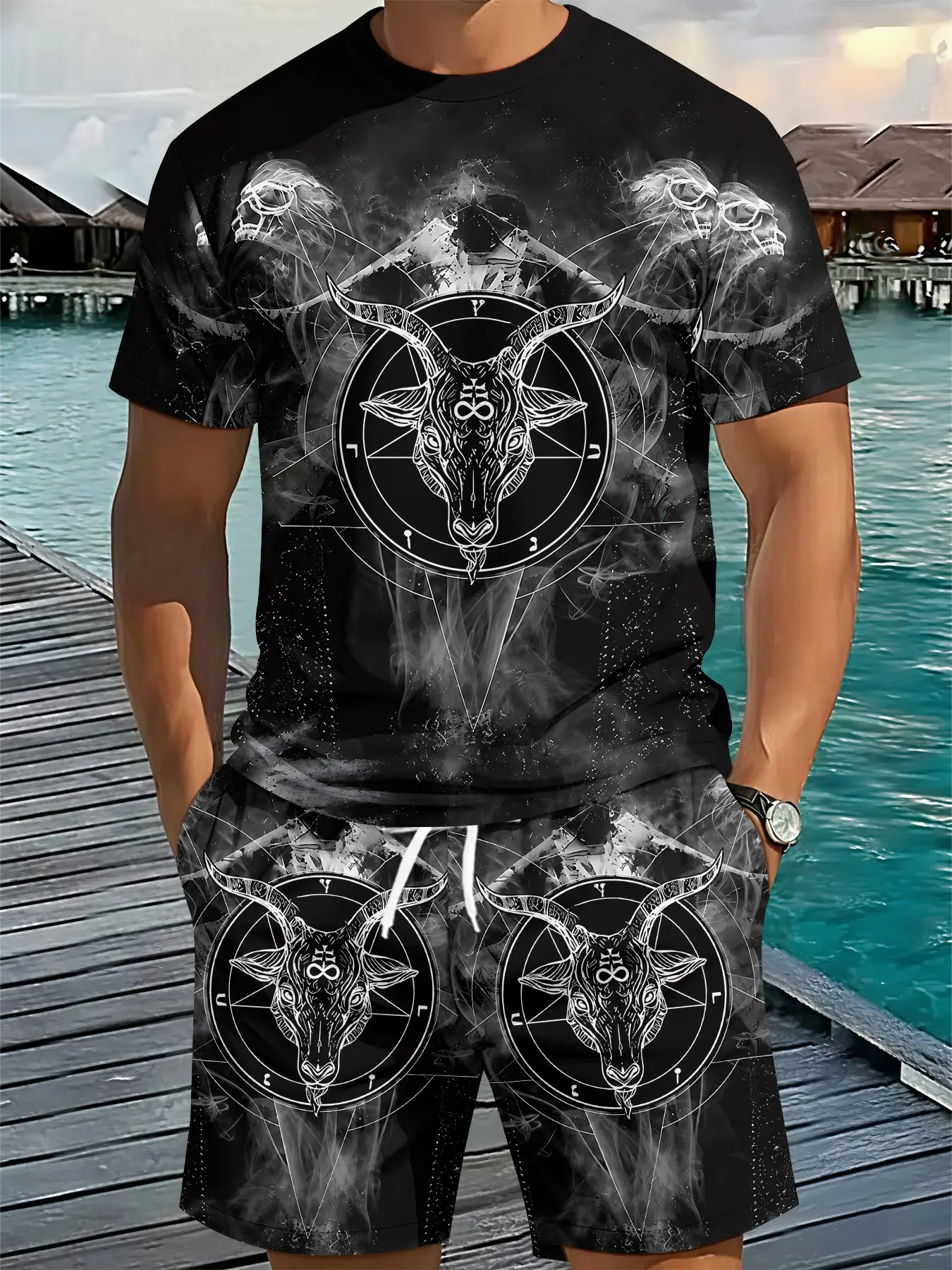 Men's 3D Digital Print Two-Piece Set with Dark Mist Goat Runes Streetwear, 2Pcs, Trendy Fashion Outfit, Retro Casual Two-Piece Suit, Stylish Vacation Wear, Breathable Sports Casual Style, an Ideal Holiday Gift for Men