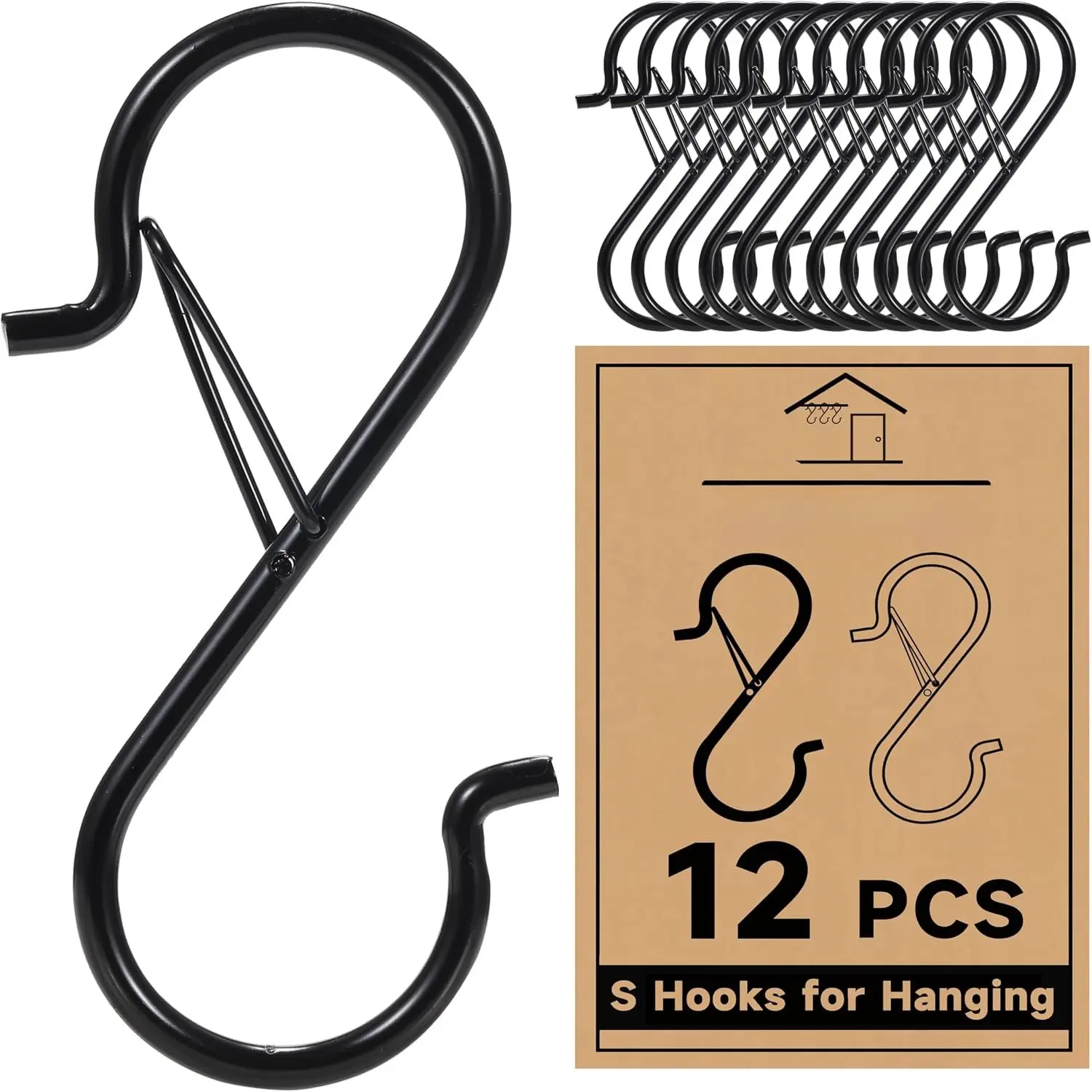 12 count S Hooks for  with Safety Buckle, 3.5 inch Heavy Duty Metal S Shaped Hooks for Kitchen Utensil, Cups, Pots, , Bags, Hats (Black)