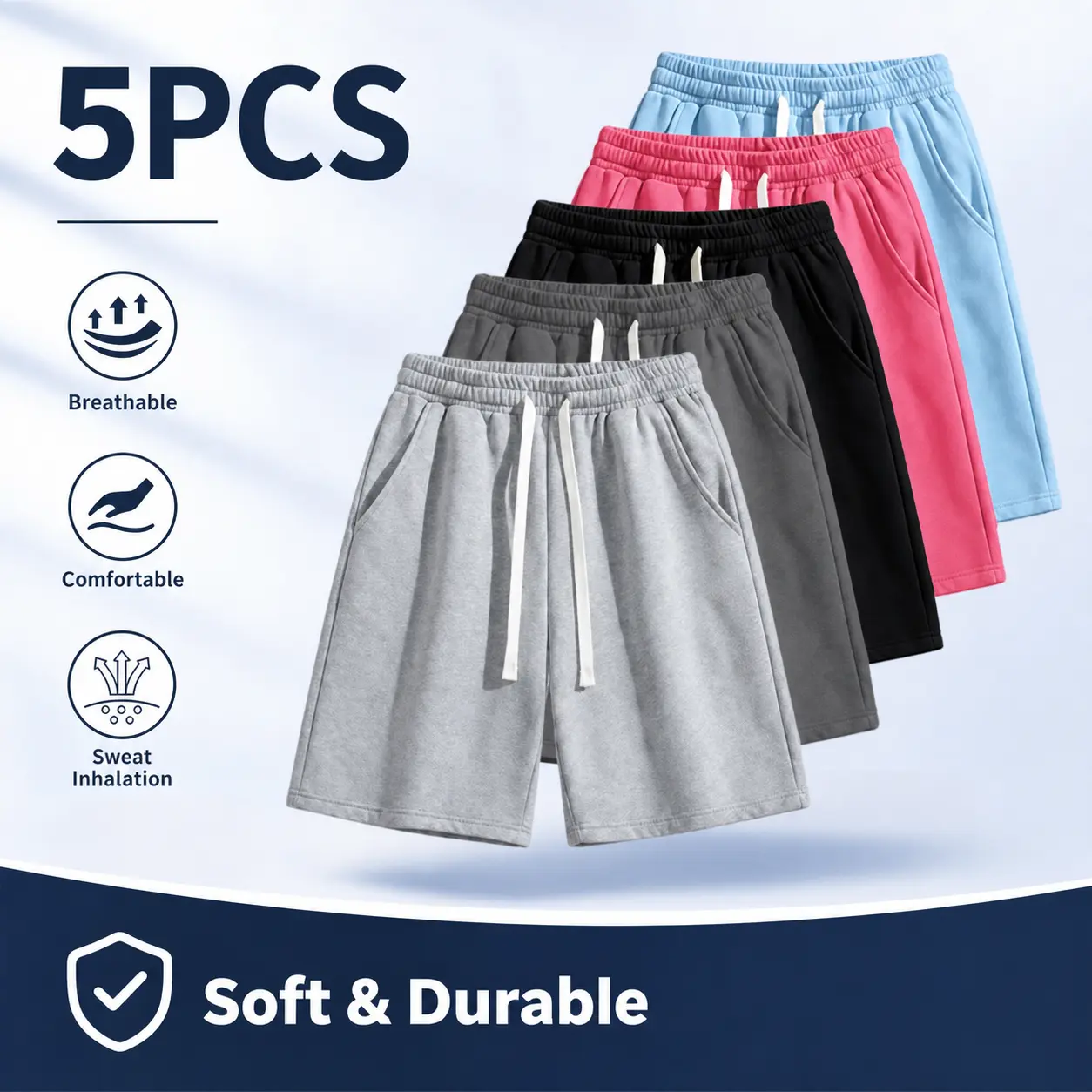5-Pack ，men’s shorts: drawstring 5‑inch shorts, running athletic shorts—breathable and comfortable. Suitable for summer daily commuting/work, outdoor running, holiday leisure. Simple solid colors that are easy to match; suitable for both men and women.