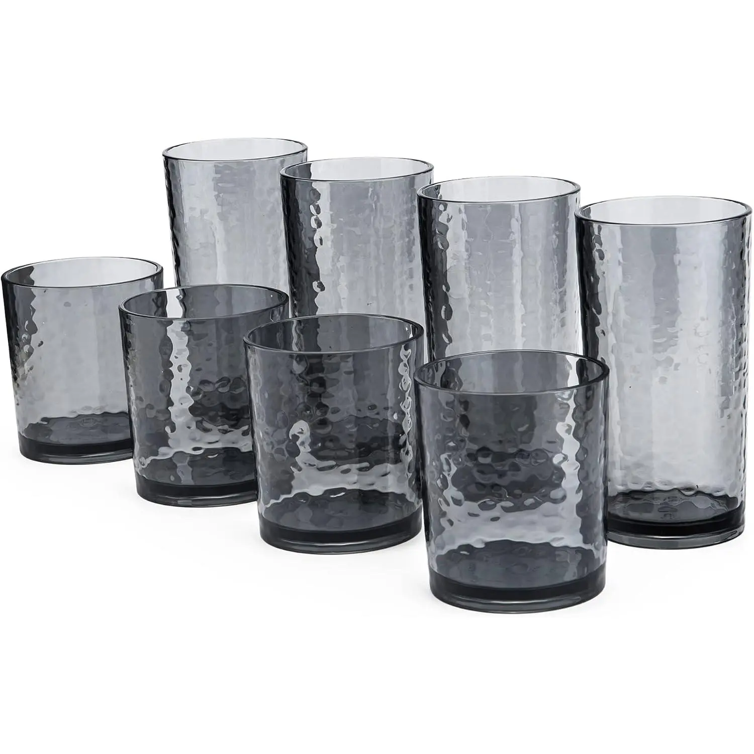 14-ounce and 20-ounce  Glasses Plastic Tumbler, set of 8 Smoky Grey - Hammered Style, Dishwasher Safe,