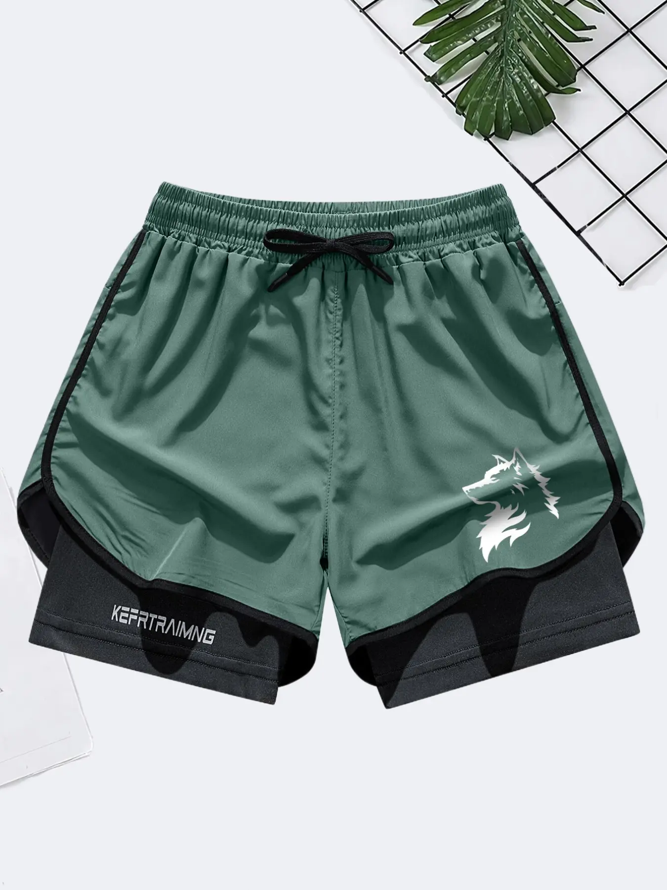 Summer Men's Wolf Head Elastic Athletic Sports Gym Workout Shorts with Pockets, Casual Quick-Dry Running Breathable Three-Quarter Pants, Comfortable Athletic Wear