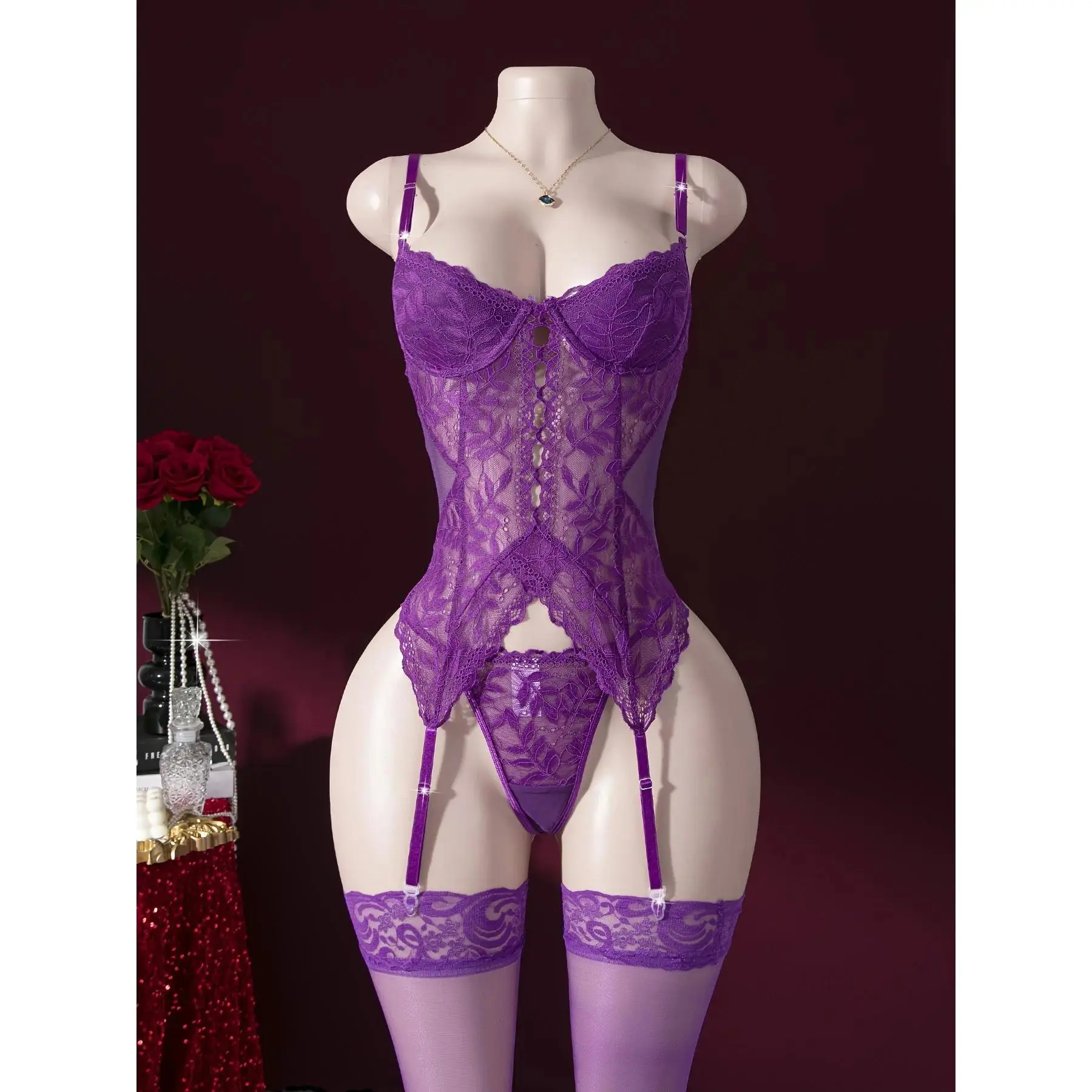 Women Lingerie • Lace Lingerie Sets with Garter Belts • 1pc Bodysuit Teddy with Panty and Stockings • S-XL