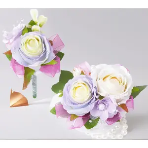 Artificial Rose Wrist Corsage & Boutonniere Set – Purple Wristlet for Wedding, Prom & Party (Purple-002)