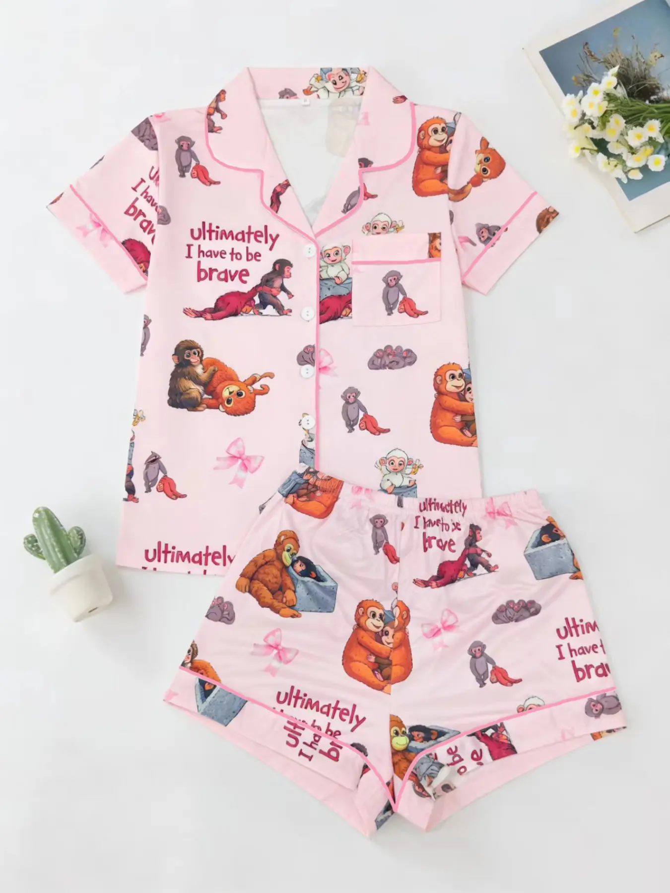 Women's Cartoon Monkey Print Pajama Set, Fitted Short Sleeve Top + Loose Comfortable Shorts, Soft Cute Casual Sleepwear Loungewear