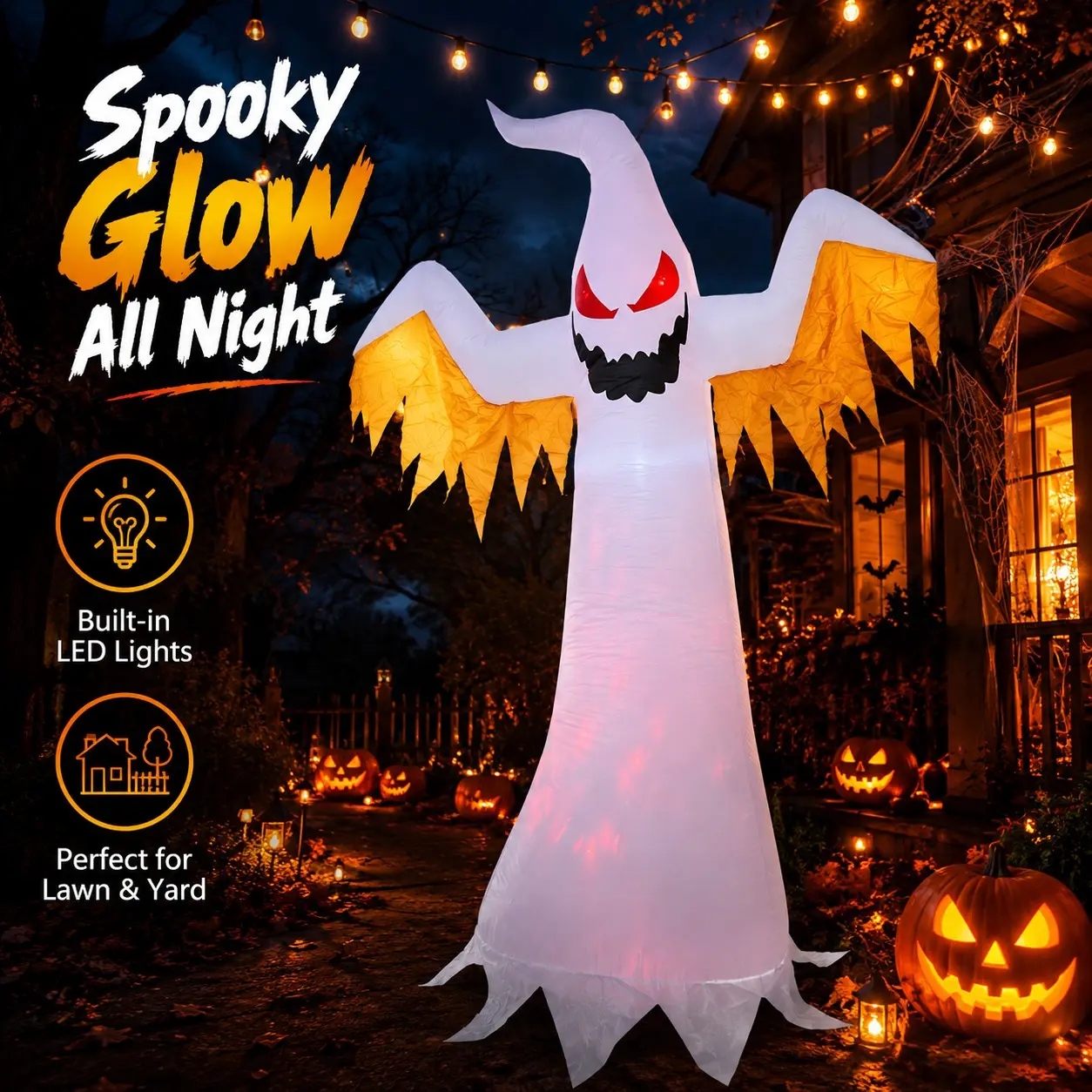 2.4m LED Inflatable Ghost Halloween Decoration, Glowing Scary Yard Prop, Horror Atmosphere Decor, Easy Outdoor Display
