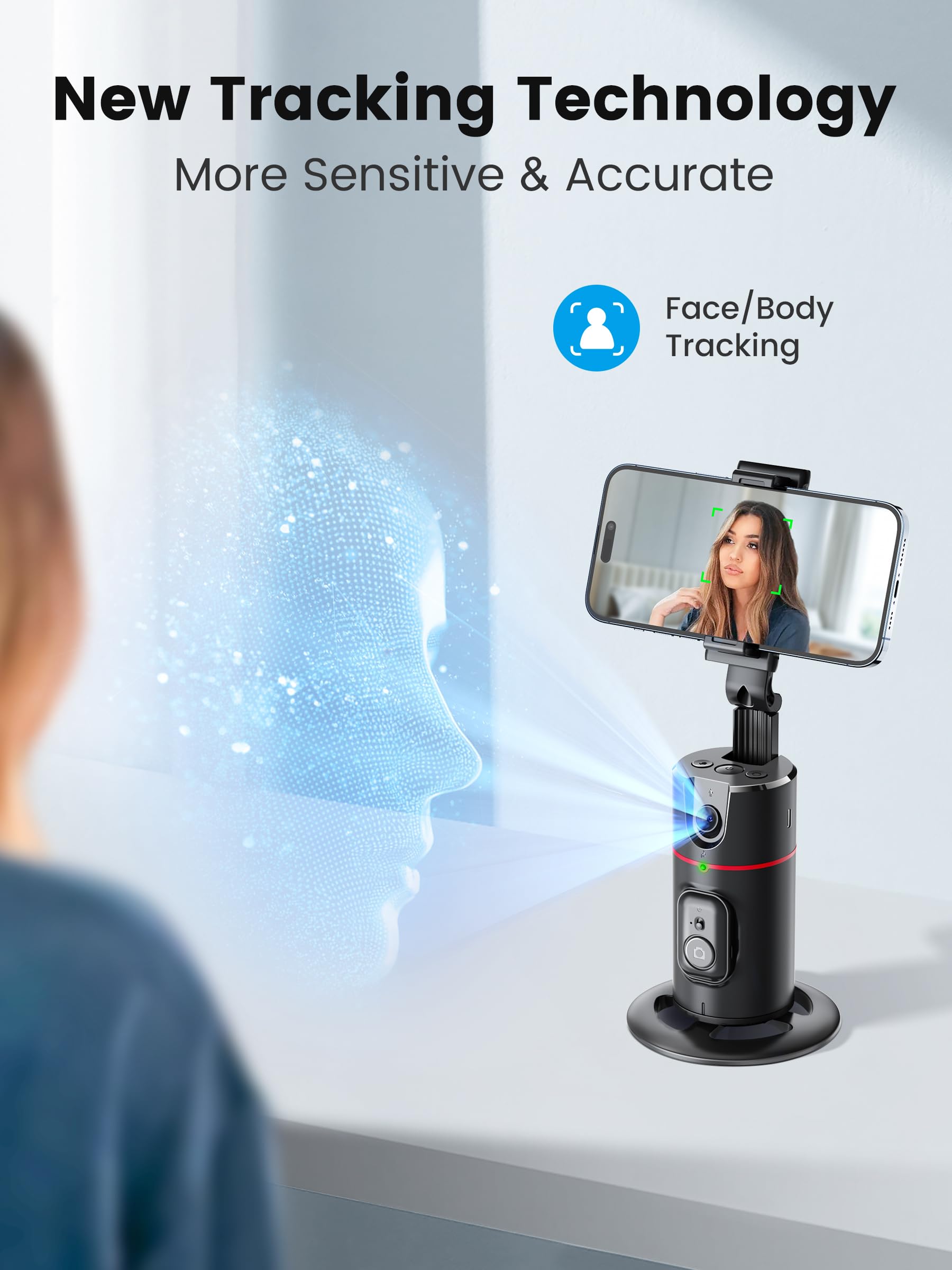 Smart Auto Face Tracking Tripod, 360° Rotation Phone Holder for iPhone Android, No App, Camera Mount Stabilizer for Vlog, TikTok, YouTube Live