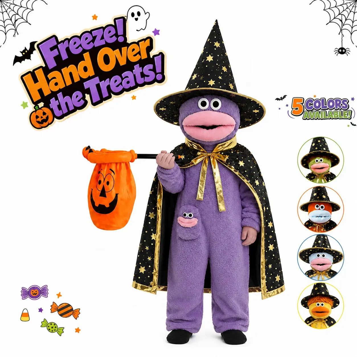 Kids Halloween Costume Plush Pumpkin Pajamas Set, Cute Monster Witch Cosplay Jumpsuit, Starry Cape & Witch Hat, Party Dress Up for Boys Girls