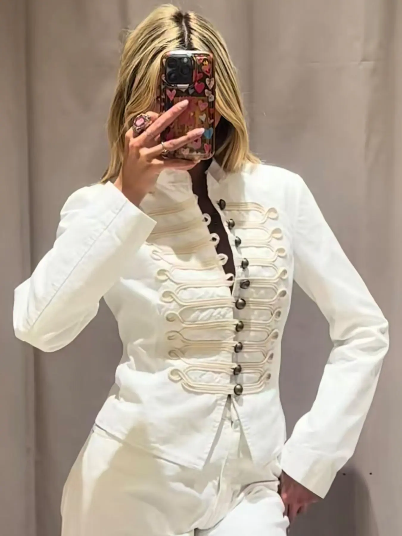 White Cropped Jacket Women's Jacket Autumn 2026 Elegant o-Neck Fitted Button Up Long Sleeve Tops For Woman Royal Style Outerwears Ladies Fashion Military Office Commute Streetwear Coat