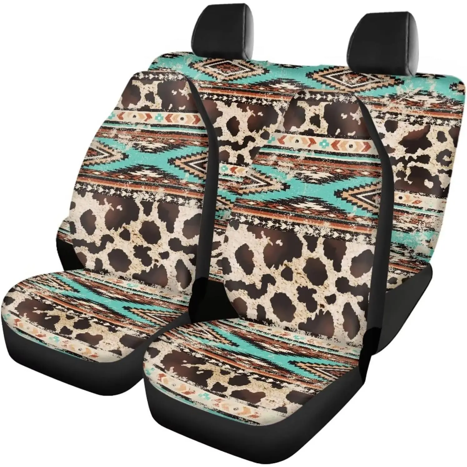 Car Seat Cover Sets, Universal Front and Rear Seat Cushion Protector for Cars, All Weather Auto Seat Protector, Universal Fit Car Interior Accessories(Brown Cow Print Aztec Print)