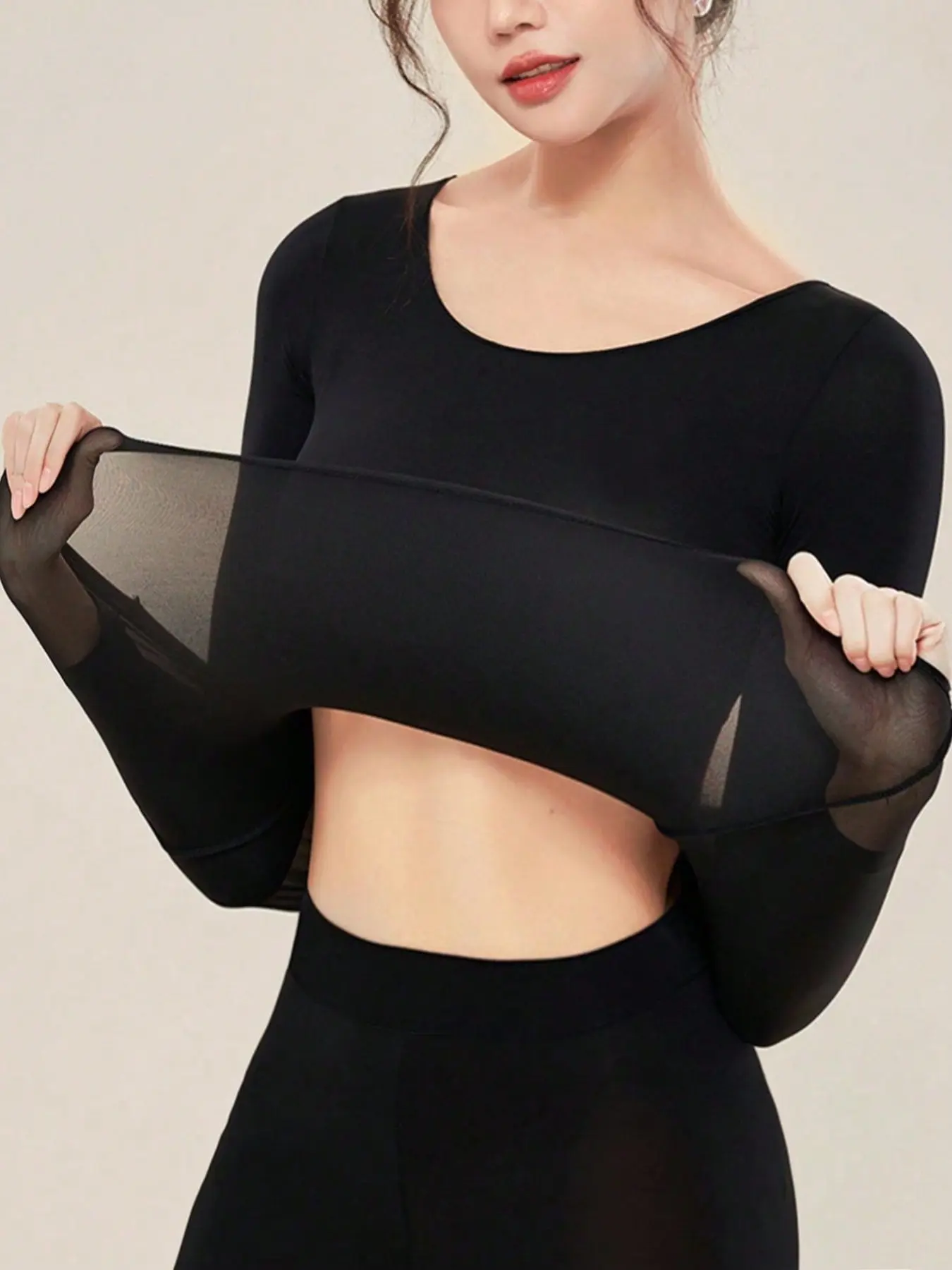 Women's Seamless Lace Camisole Ultra-Thin Long Sleeve Top Basic Solid Color Innerwear Comfortable Round Neck Stretchy High Waist Casual Lightweight Fit Elegant