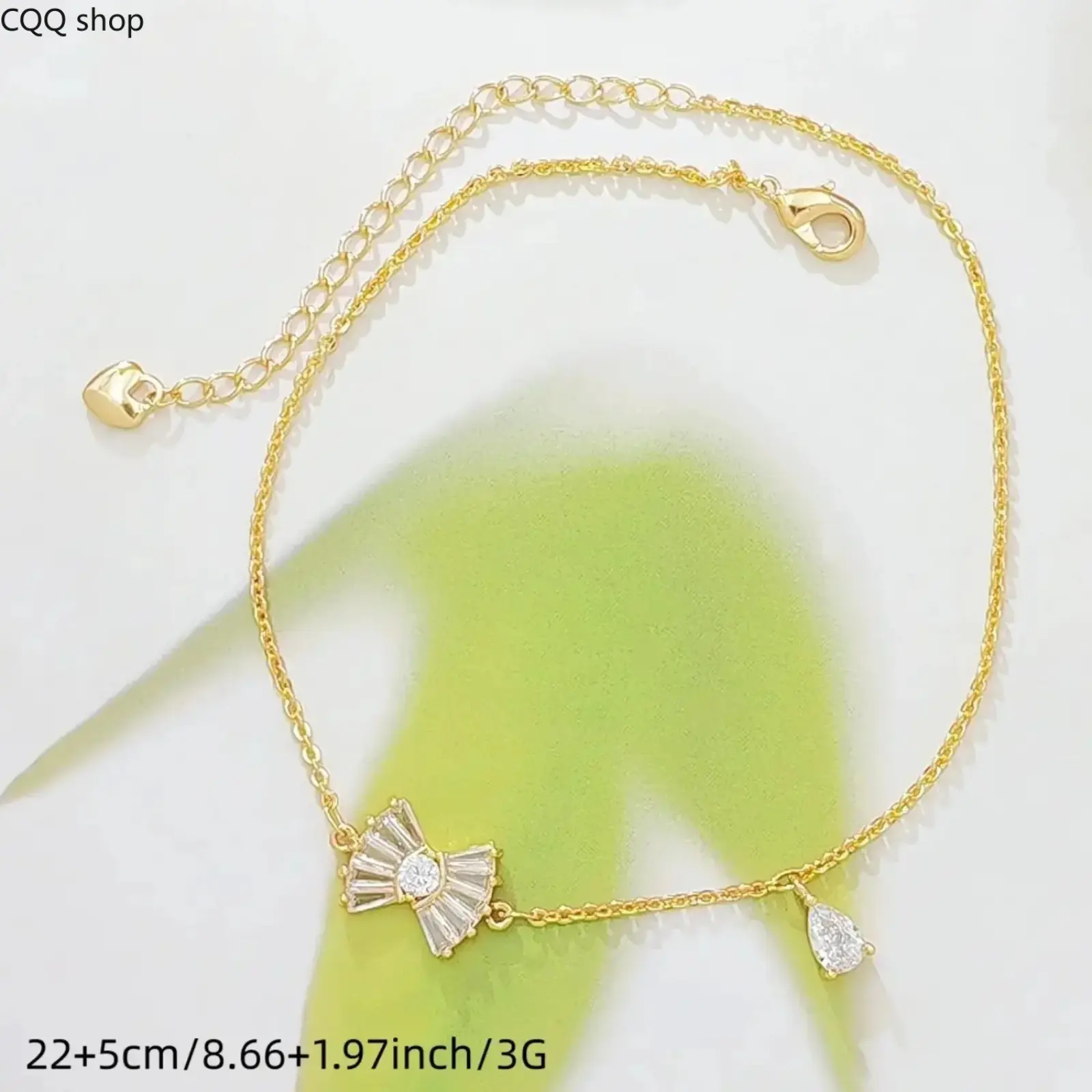 14K Gold Plated Bow Ankle Bracelet for Women, Dainty Thin Chain Anklet with Taper Baguette & Pear Cut Cubic Zirconia Charms, Adjustable Extension Chain Summer Beach Foot Jewelry Gift