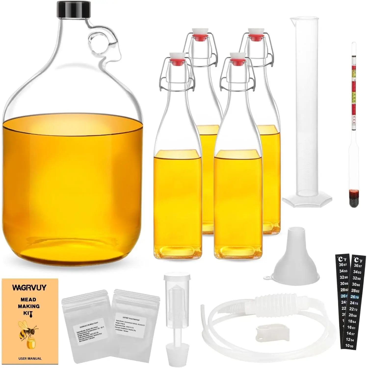 Mead Making Kit for Beginners - Complete Home Brewing Starter Set with Reusable Supplies, 1 Gallon Glass Honey Wine Fermentation Jar with 4 Pcs Bottles Yeast & Nutrients Hydrometer Operation Guide