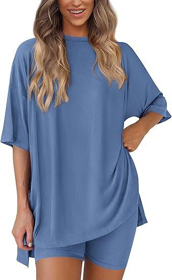 Women's 2-Piece Shorts Set Oversized T-Shirt with Side Splits and High Waist Shorts - Comfy Solid Lounge and Workout Outfit, XS-4XL