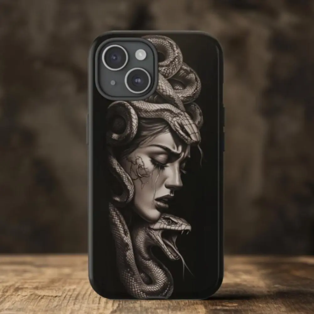 Dark Medusa Snake Gothic Mythology Pattern 2-in-1 Glossy Film Phone Case - Sturdy, Rustic, Shockproof, Anti-Scratch TPU Protective Cover Compatible with iPhone 17, 16, 15, 14, 13, 12, 11 Pro Max Plus & Samsung Galaxy S24 Plus, S25, S22+, Ultra, FE, Edge