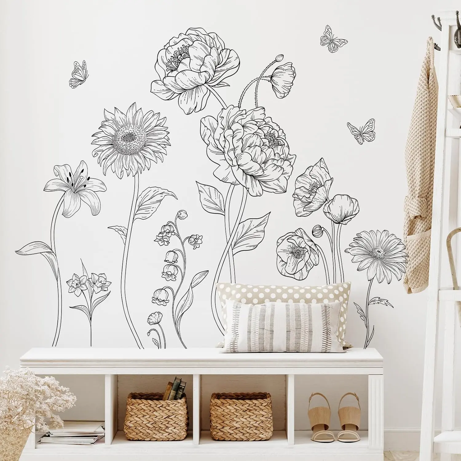 Large Black Flower Wall  Peel and Stick, Vinyl Simple Garden Flower Wall Sticker for Living Room Girl Bedroom Bathroom, Transparent Floral Decal