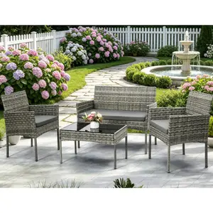 4 Piece Patio Furniture Set, Outdoor PE Rattan Conversation Set with Washable Cushions & Tempered Glass Tabletop, Matching Wicker Chairs, Sofa, and Coffee Table,  Porch, Garden, Balcony (Grey),summerwins summergarden
