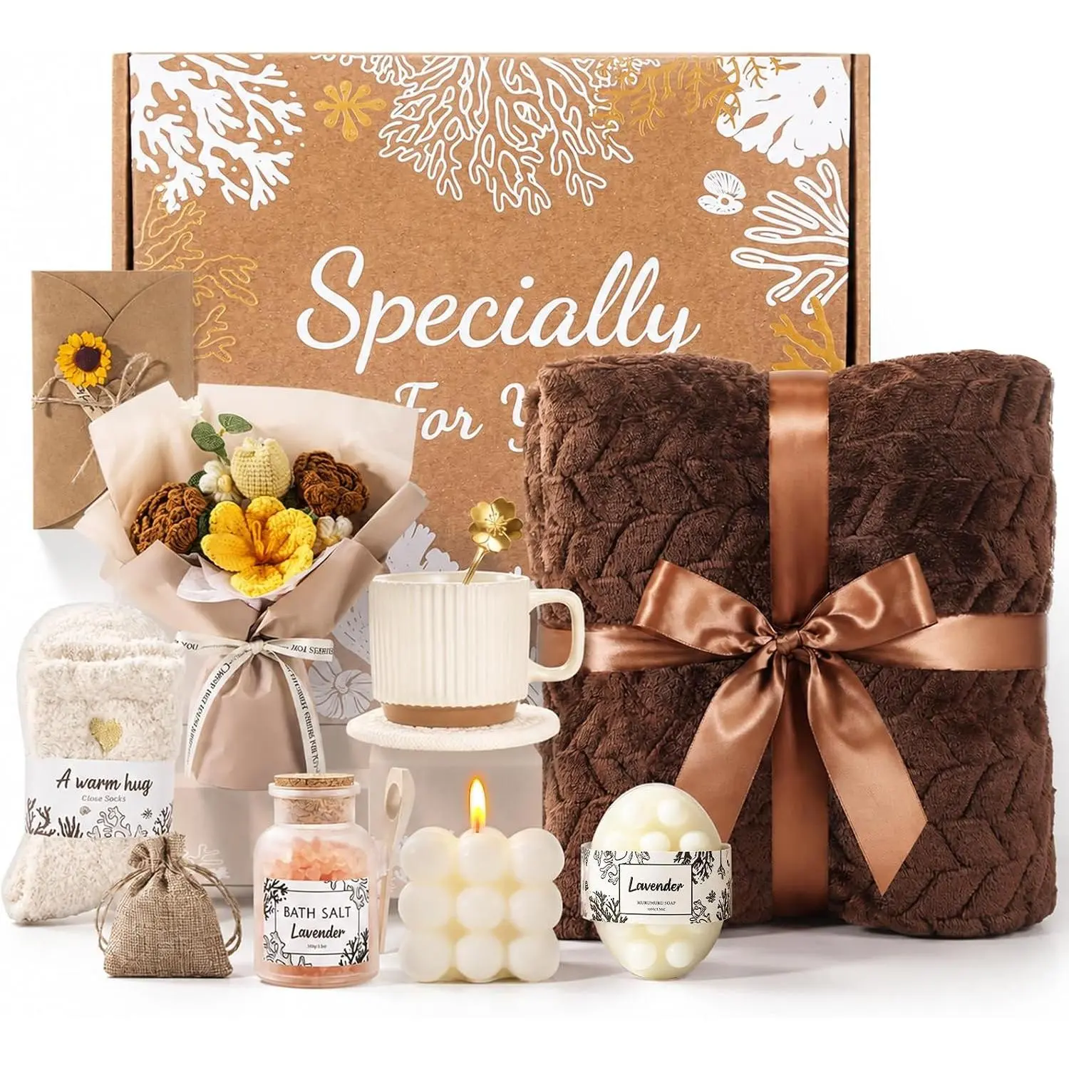 11 count  Crochet Flower Bouquet   Basket for Women – Get Well Soon Birthday Care Package with Cozy Blanket & Scented Candle – Relaxing Christmas , Mother‘s Day Gifts (Oatmeal)