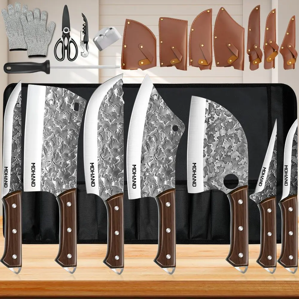 MDHAND Kitchen Knife Set with Ergonomic Handles - Non-Stick High Carbon Stainless Steel Knives, Sharp Blades for Meat Chopping & Slicing, Kitchenware Utensils with Sharpening Function, Ideal Gift #DealsForYouDays