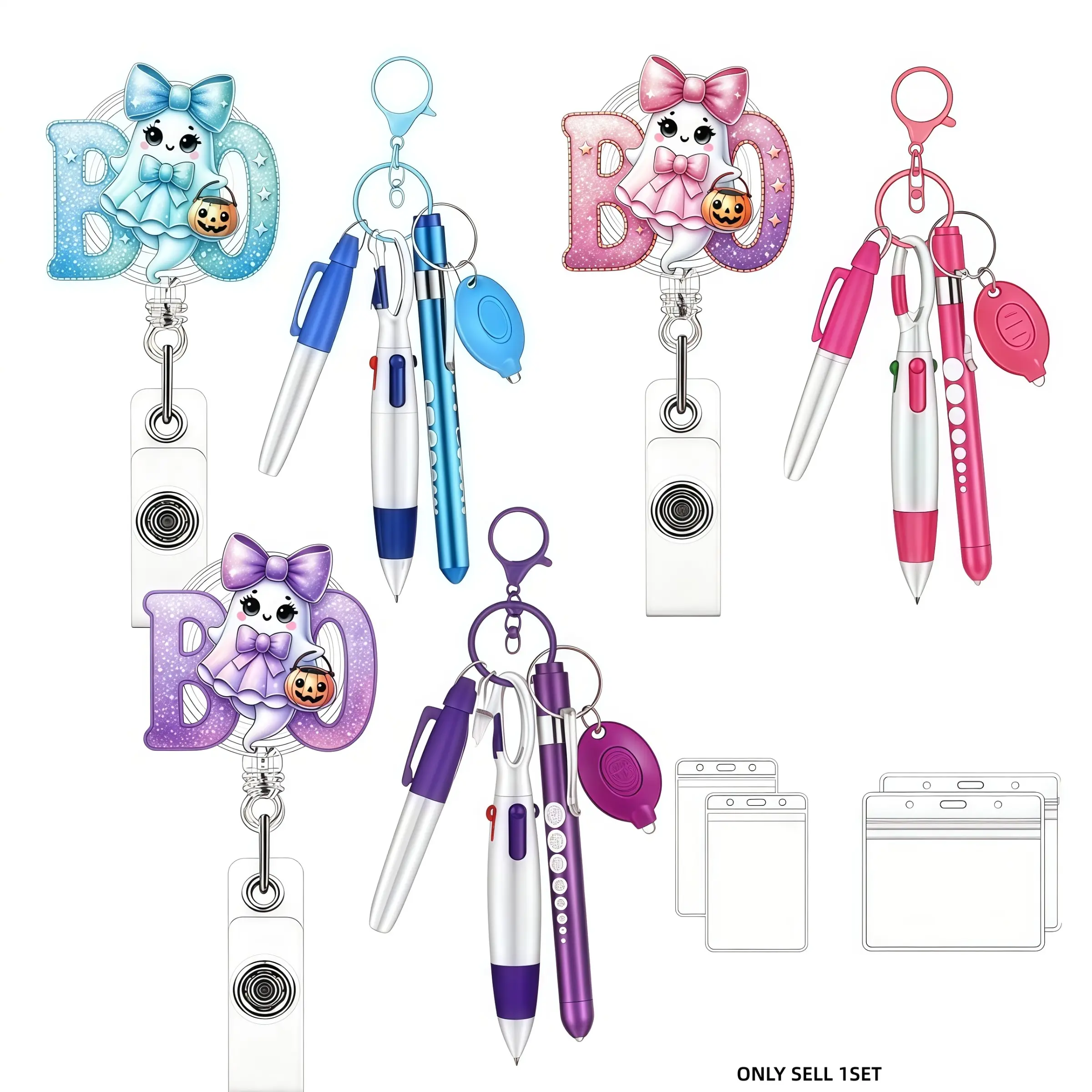 Halloween Gift Set for Nurses, Teachers, Rn, Cna, Medical Workers, Multi-Color Ghost Badge Set with Clip, Name Tag Holder, Fun Accessories