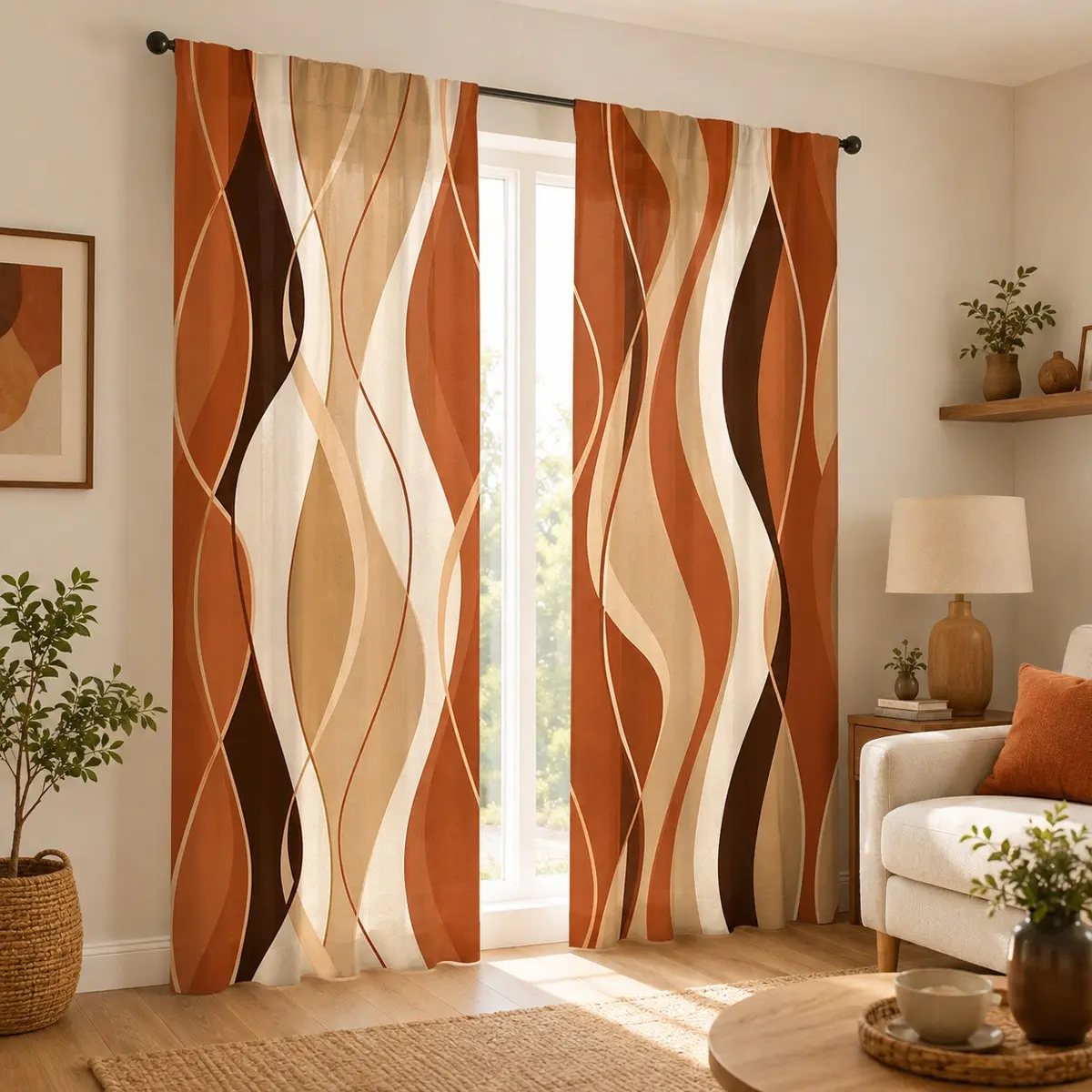 2-piece caramel brown abstract wave semi-blackout curtains, modern light luxury living room and bedroom fabric curtains, made of polyester, suitable for bedrooms, kitchens, studies, cafes, etc.