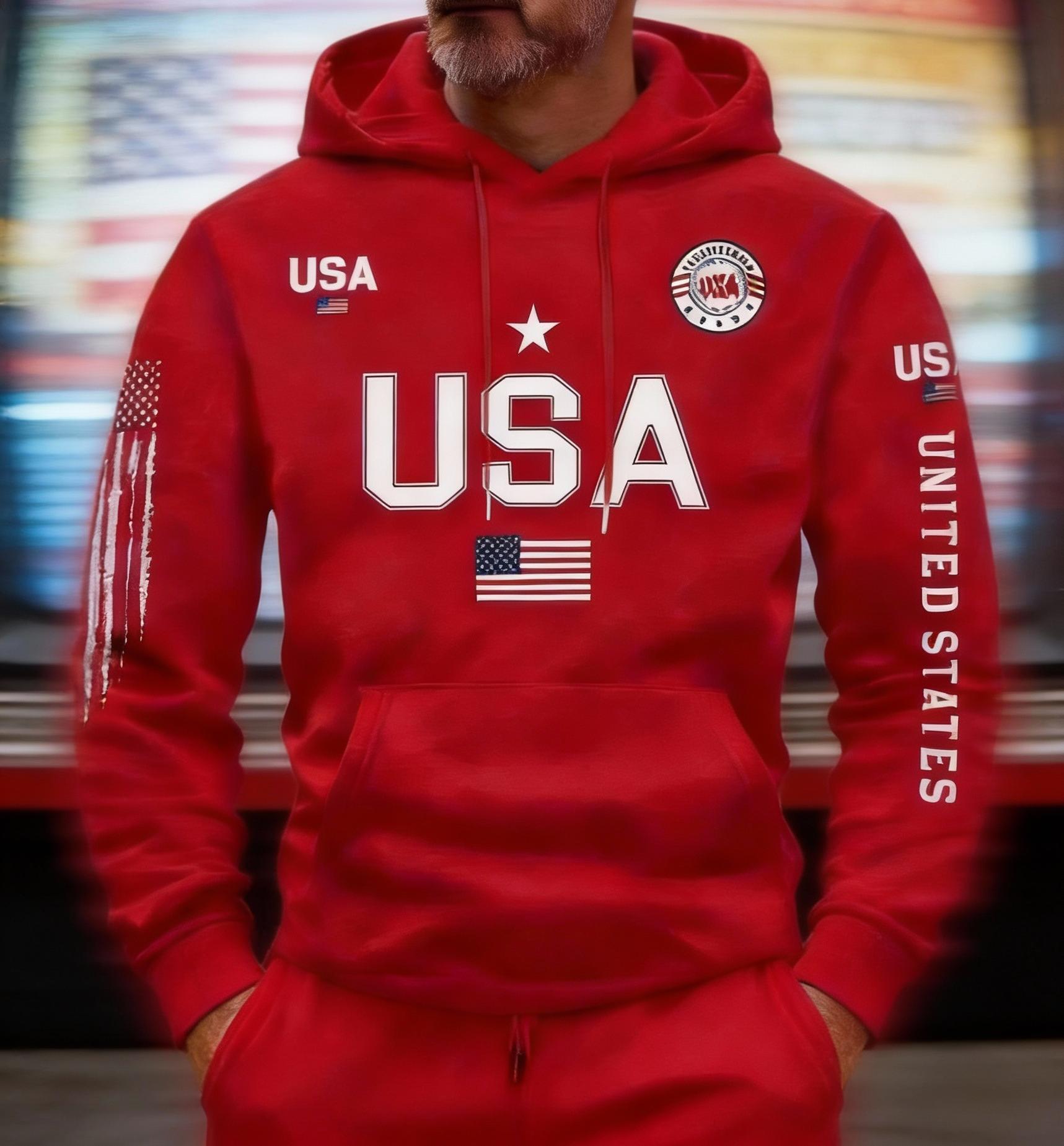 Streetwear USA Hoodie Men's Red Loose Hoodie Flag Element Top