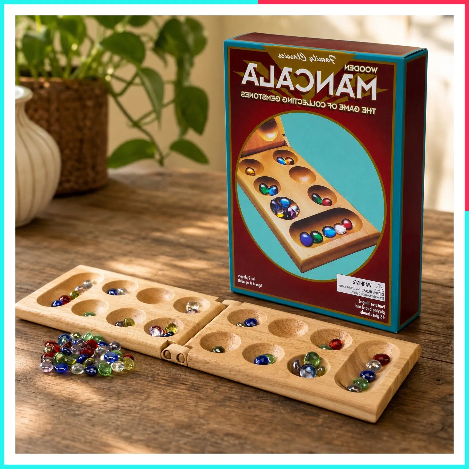Mancala Board Game - Classic Tabletop Game for Adults & Kids | Includes 48 Glass Mancala Stones and Wood Hinged Playing Board | 2 Players, Ages 6+