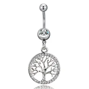 Diamond-encrusted Happy Lucky Tree Pendant Navel Ring Stainless Steel Navel Piercing Jewelry