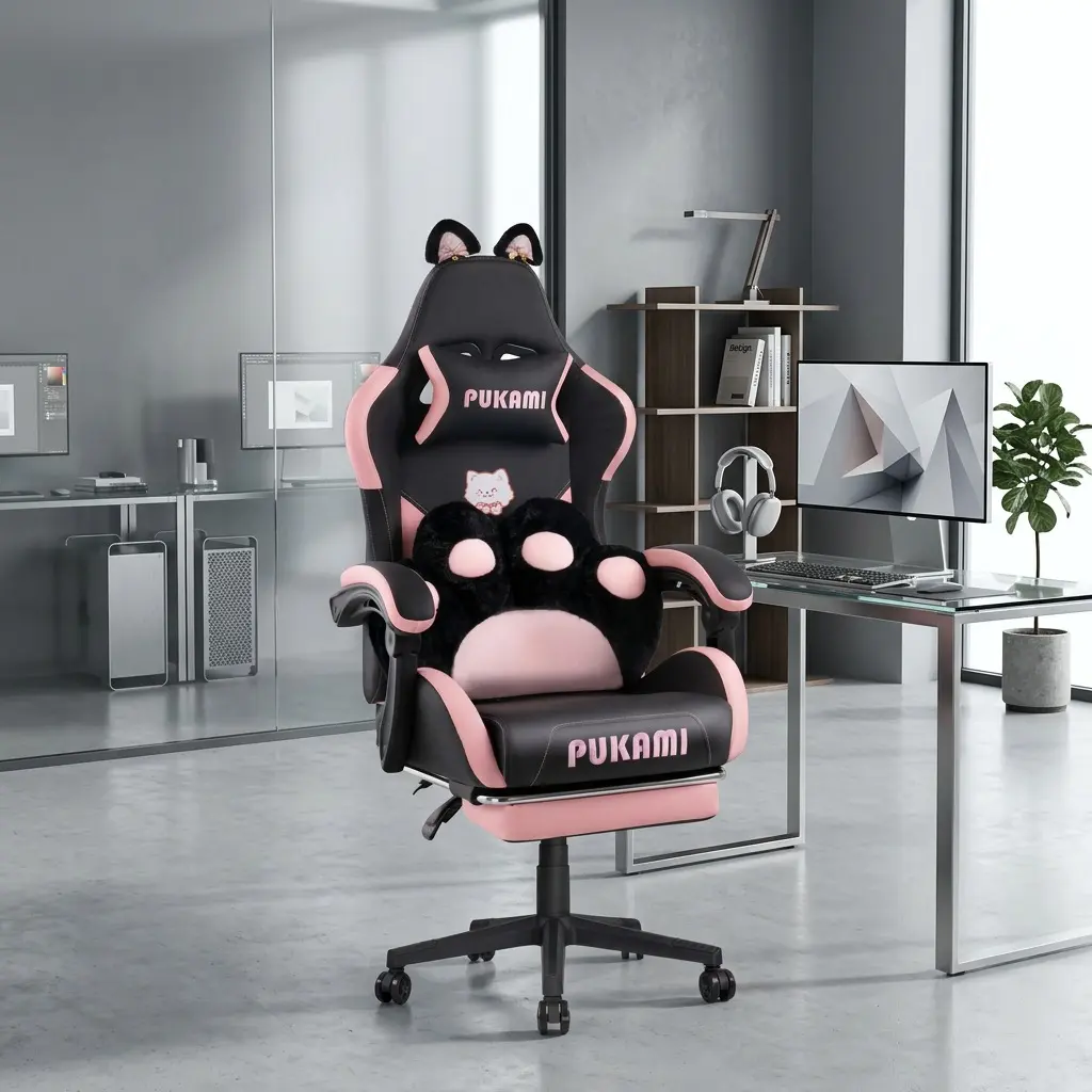 Black Kawaii Cat Themed PU Gaming Chair with Detachable Cat Ears & Cat Paw Lumbar Pillow, 90°-135° Recline Height Adjustable Sync Linkage Armrest 360° Swivel PC Desk Chair for Game Room Home Bedroom Halloween Decor